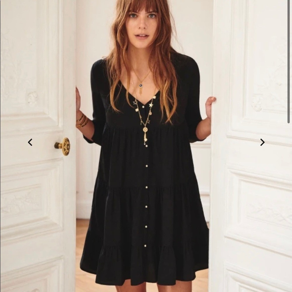 Sezane Womens Small 34 Leana Dress Black Long Sleeve Button Front Babydoll Mini